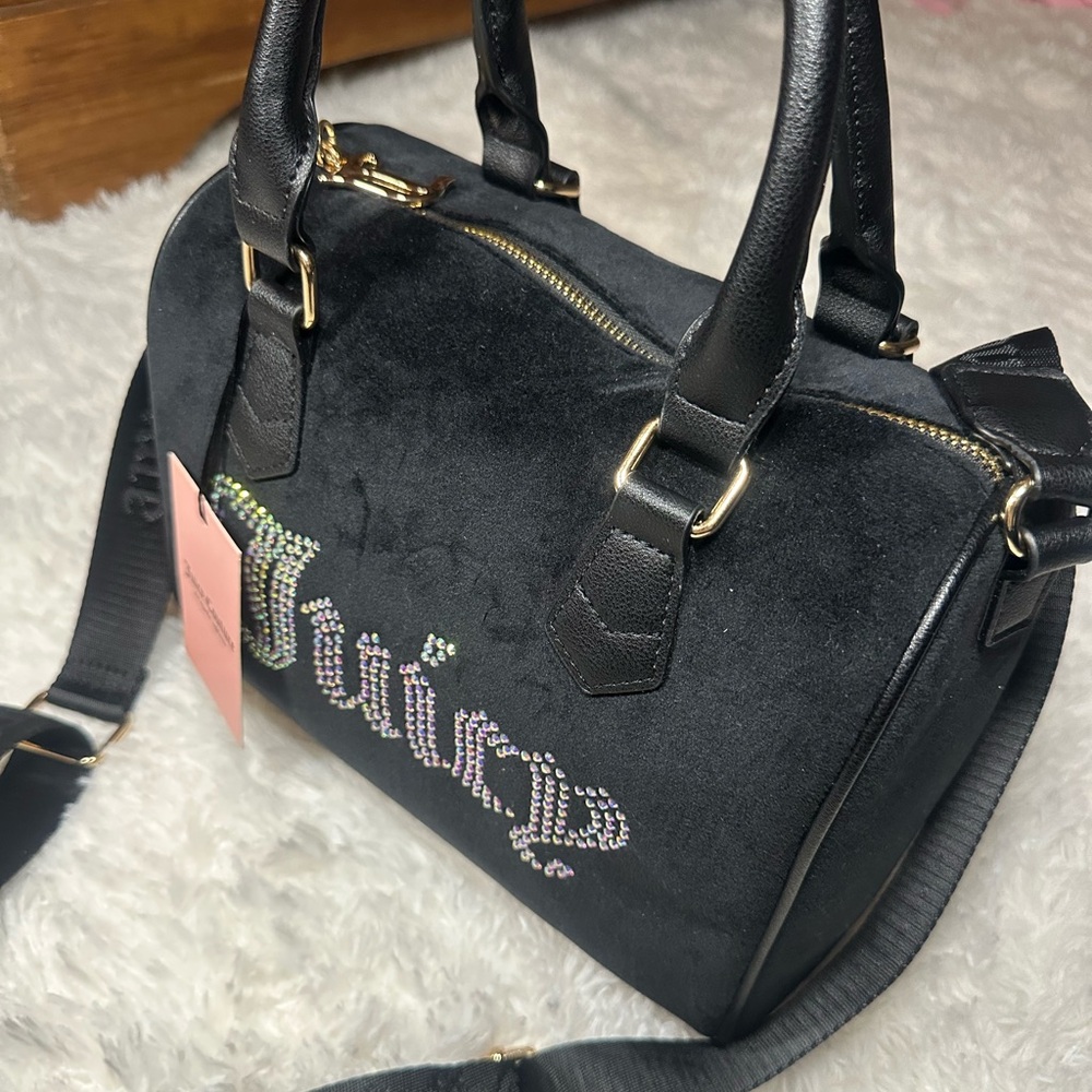 Juicy Couture Black Suede Satchel with rhinestone and gold Accents